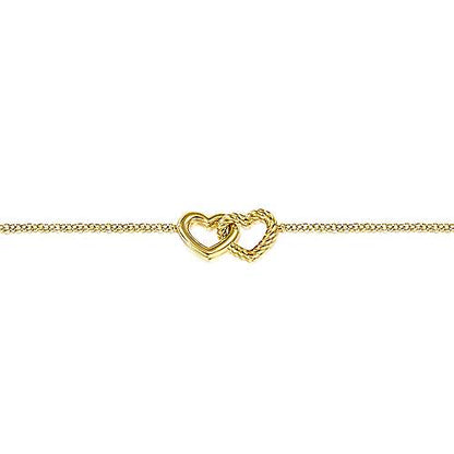 14K Yellow Gold Chain Bracelet with Entwined Hearts